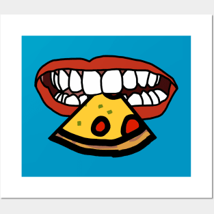 Mouth With Red Lips and White Teeth Eating Pizza Slice Posters and Art